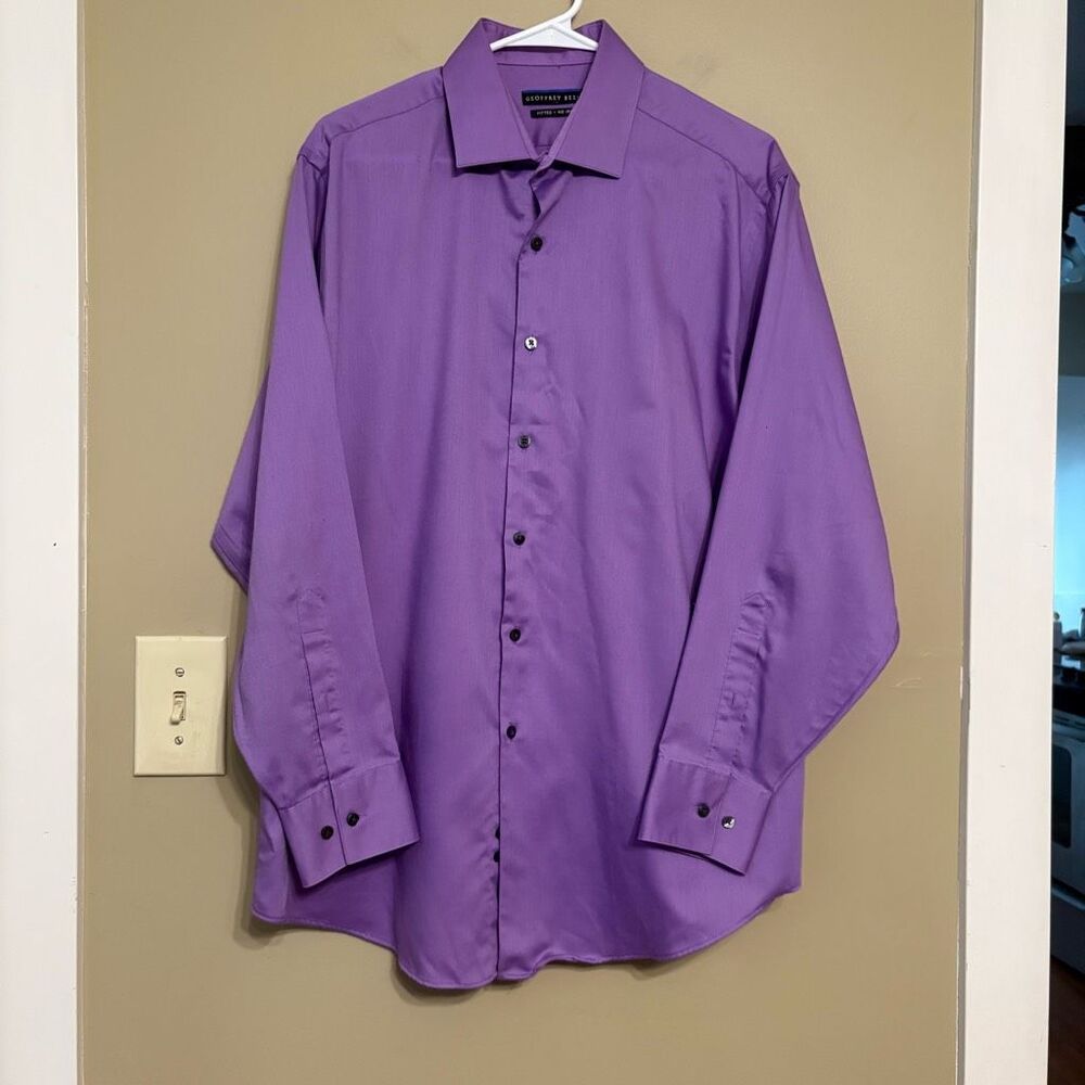 Geoffrey Beene Cotton Blend Fitted No Iron Purple Dress Shirt Size 16.5 32/33